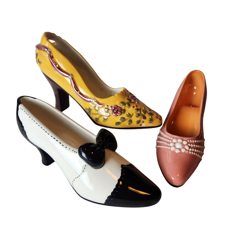 Lot 3 Vintage‎ Style Ceramic High Heel Shoe Figurines Floral Tuxedo Pink Pearl